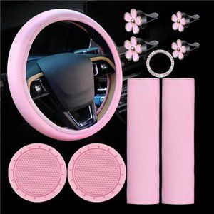 10 Pc Pink Leather Car Accessories Steering Wheel Cover Seat Belt Barbie Set